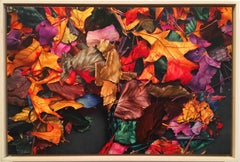 Photorealistic red yellow and blue leaves "October 7th" oil on canvas on panel