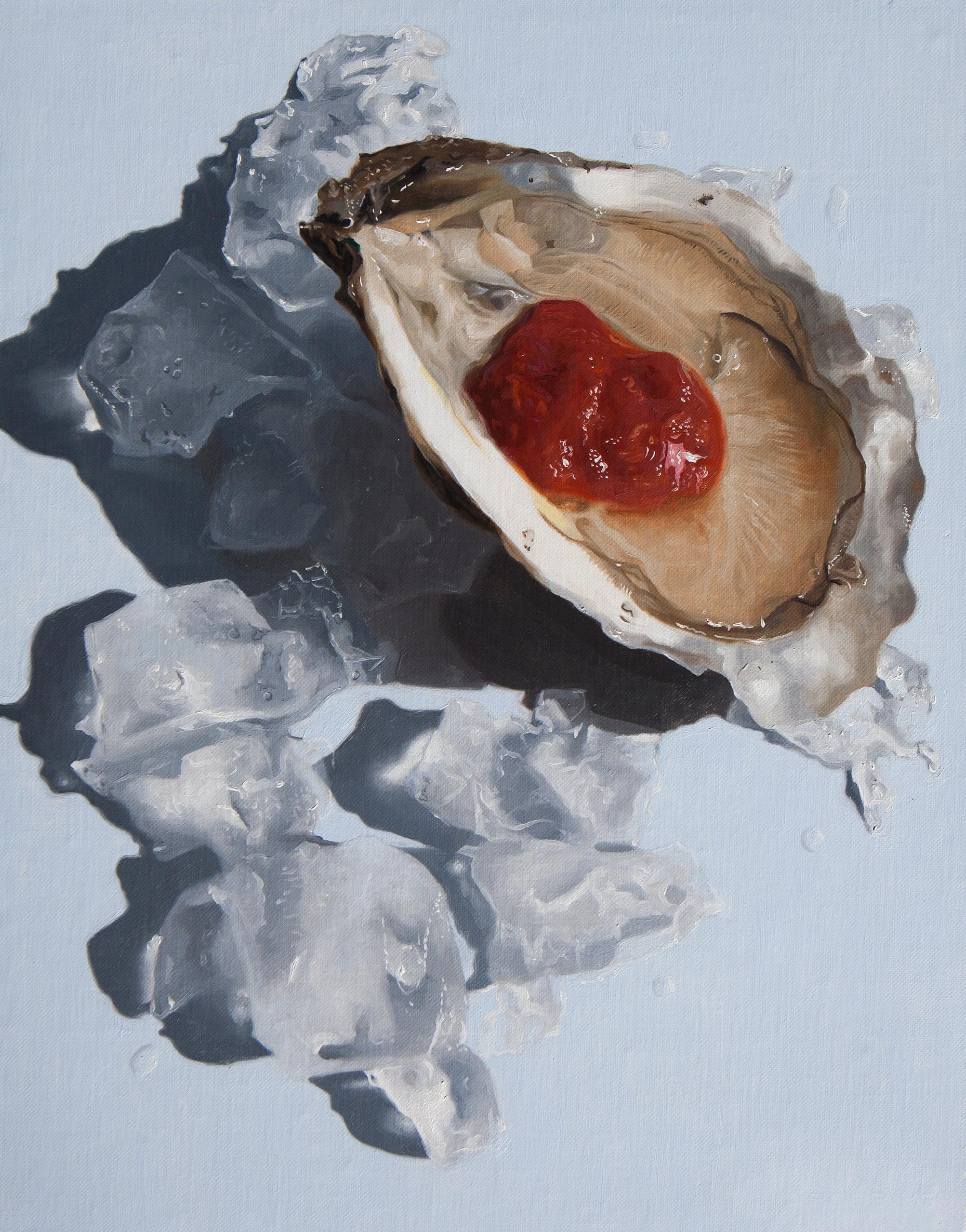 Nadine Robbins Still-Life Painting - Photorealistic oyster painting, "Ice Ice Baby", blue red and brown 