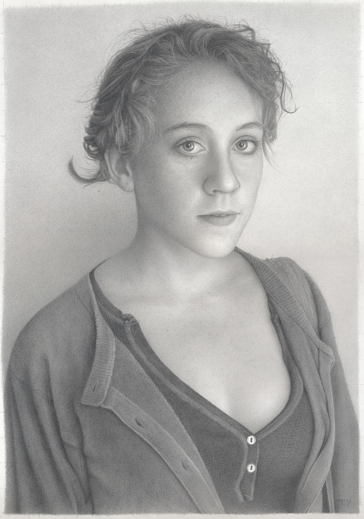 Scott Prior Figurative Art - Realist drawing of a young woman "Nellie" graphite on paper