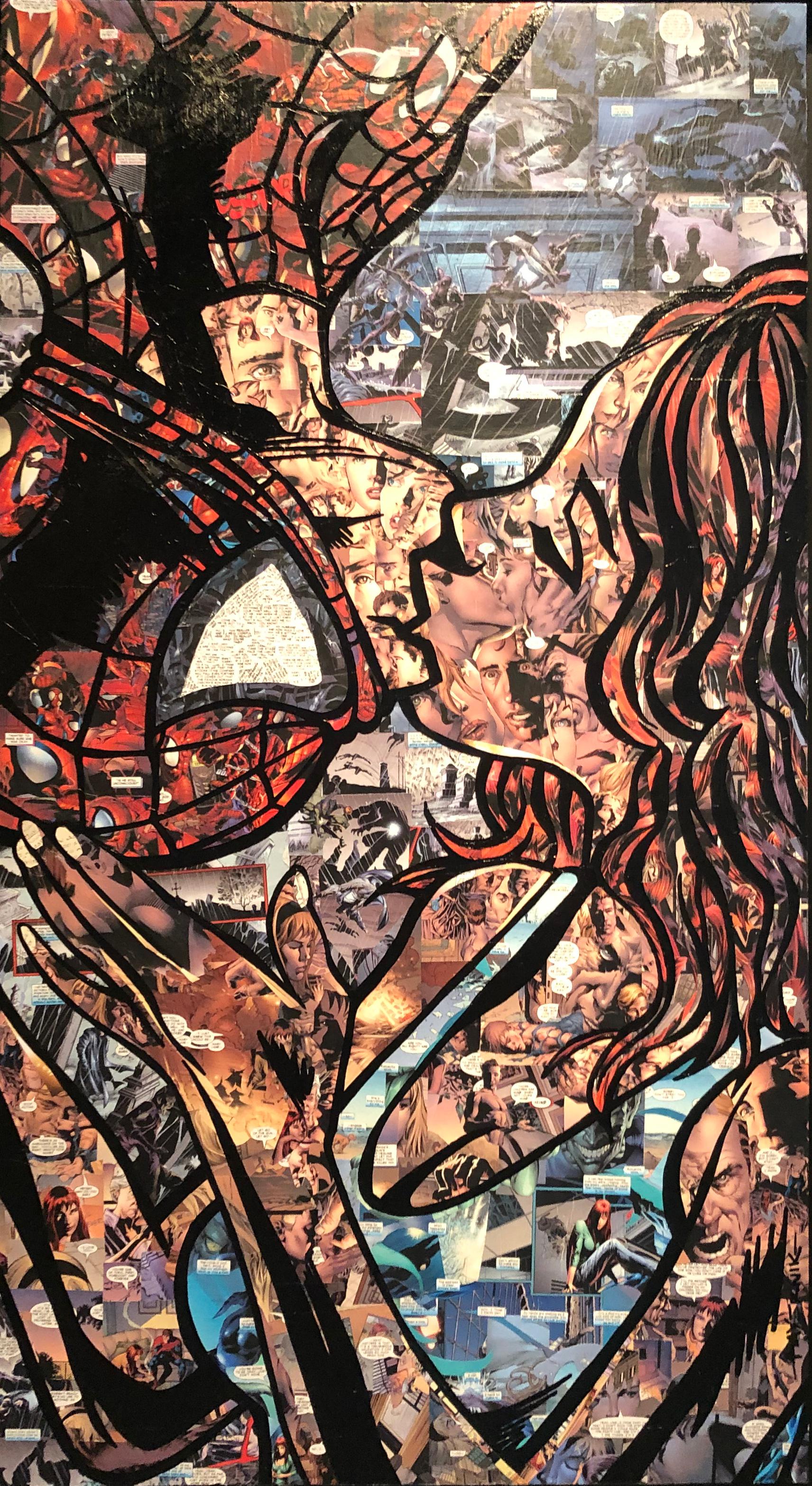 comic book collage, "Upside Down Kiss, " - Mixed Media Art by Joseph Mayernik