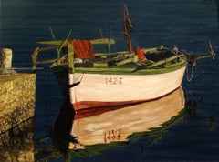 Realist boat painting, "She Waits For His Return", oil on canvas