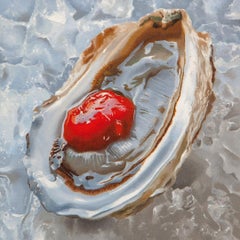 Small scale oyster Photorealist painting with blue, red, and brown, "Chill" 