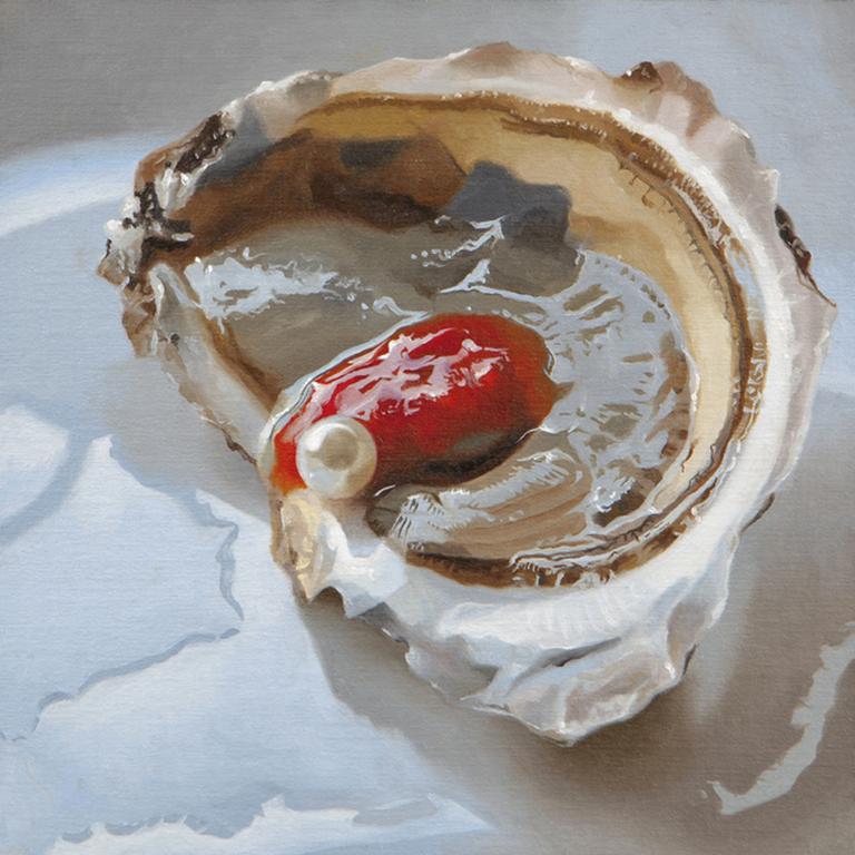 Nadine Robbins Animal Painting - Small scale Photorealist oyster painting with red, brown, blue "Wellfleet Pearl"