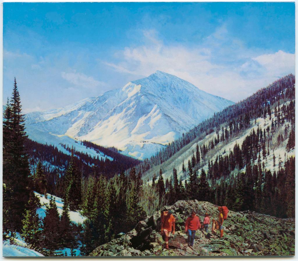 Ron Weis Landscape Painting - small scale landscape "Wish You Were Here (Hikers)" (Photorealism)