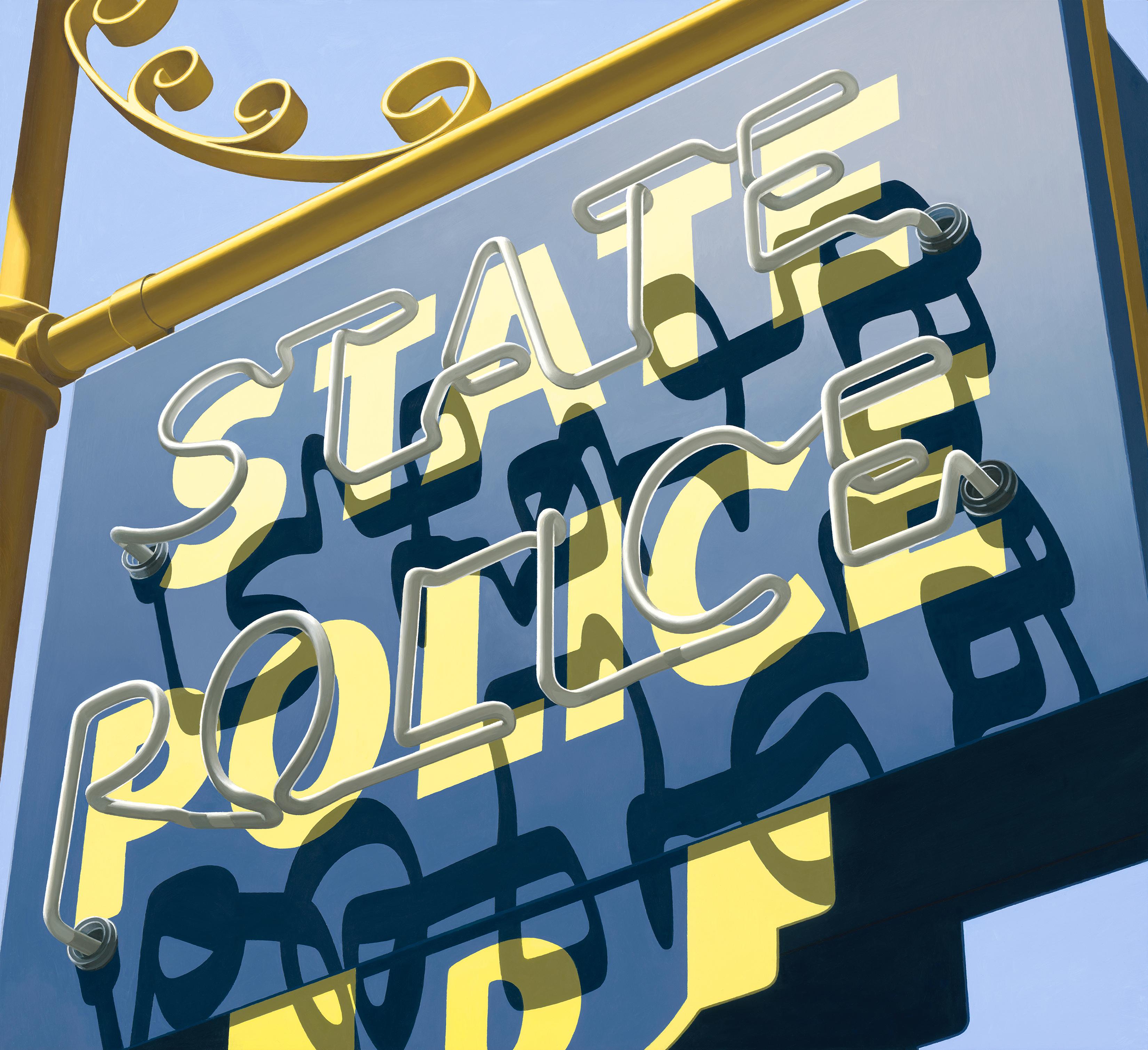 Photorealist sign with blue and yellow, "State Police" (Photorealism) - Painting by Stephanie Schechter