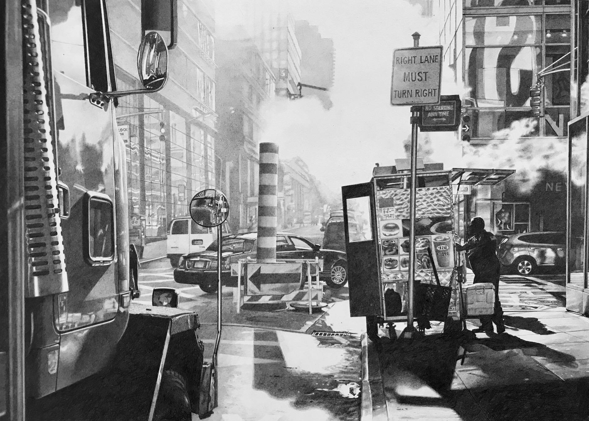 Roger Watt Landscape Art - Photorealist graphite drawing "East Side"  (cityscape black white New York City)