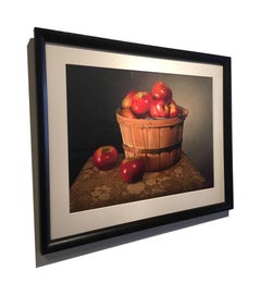Brown and red photorealist still-life, "A Quarter Bushel (A Basket of Apples)"