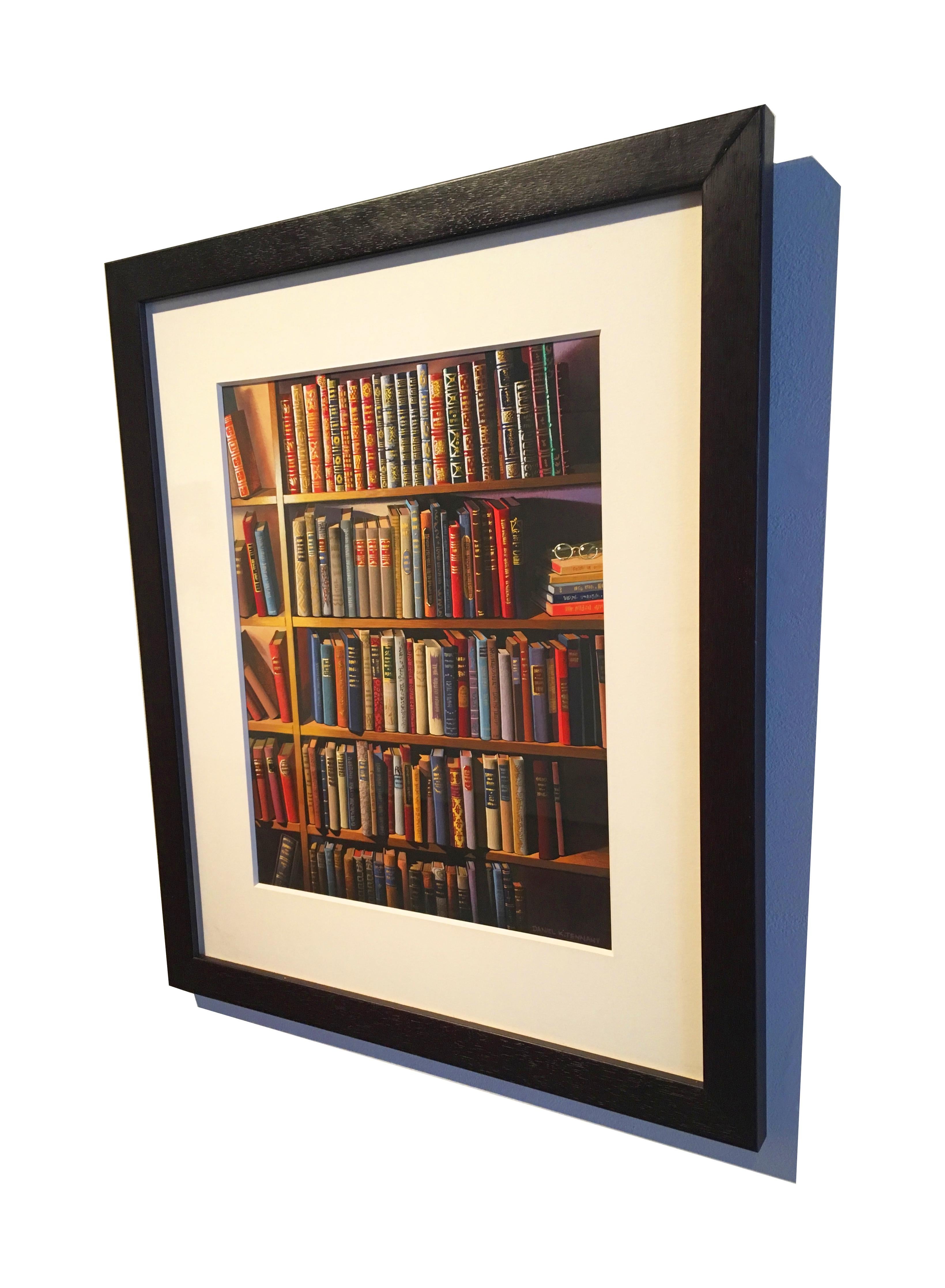 Red and blue photorealist library painting, 