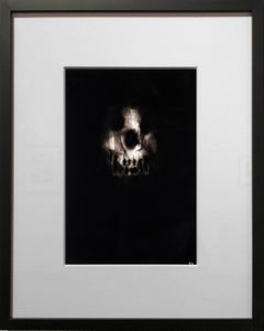 Black skull, "Triptych 1", Ronald Gonzalez, carbon flame drawing on paper, 2017