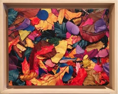 Photorealistic red yellow and blue leaves "October 1st", oil on canvas on panel