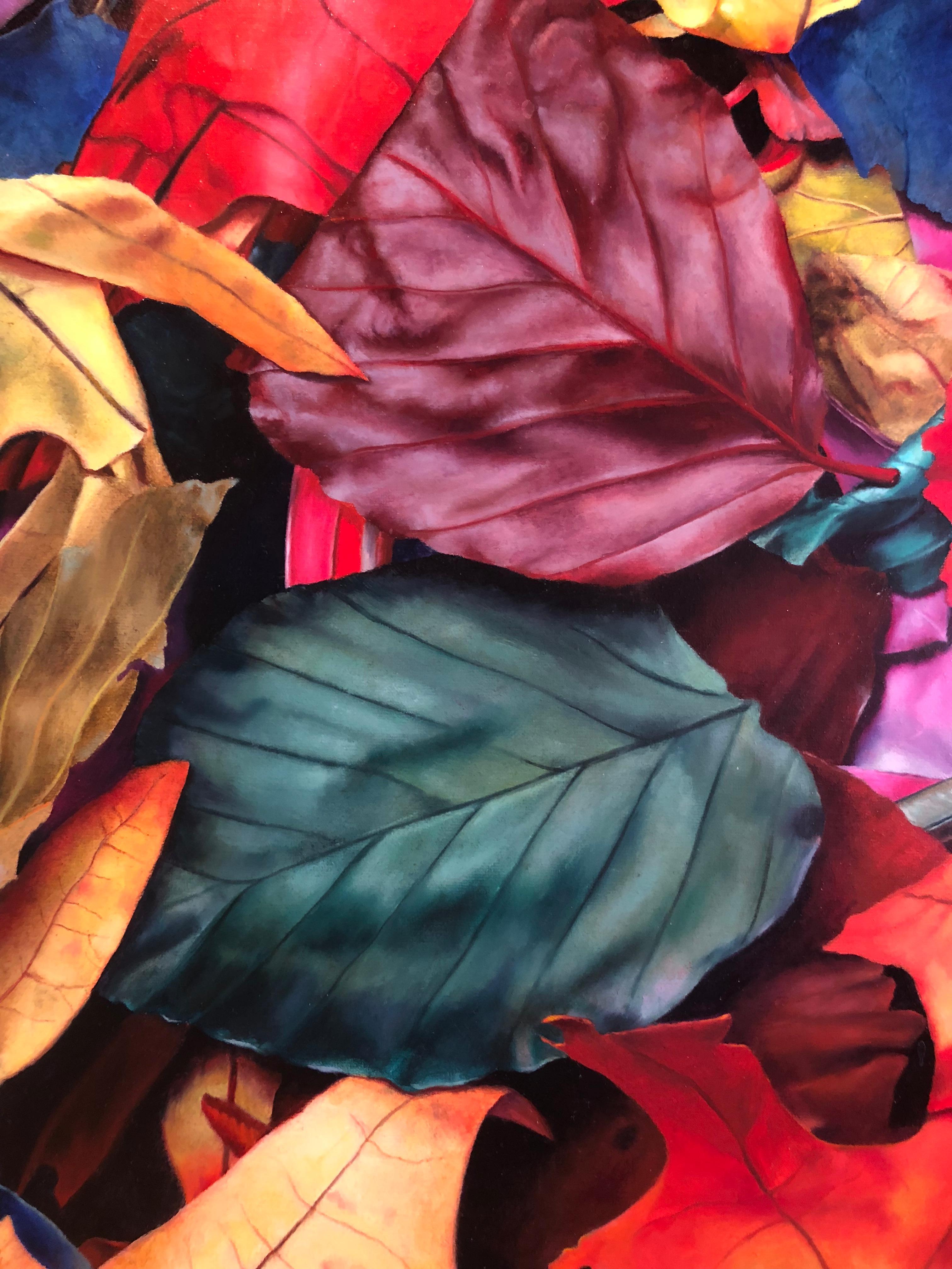 Photorealistic red yellow and blue leaves, 
