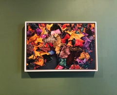 Photorealistic red yellow and blue leaves "October 7th" oil on canvas on panel