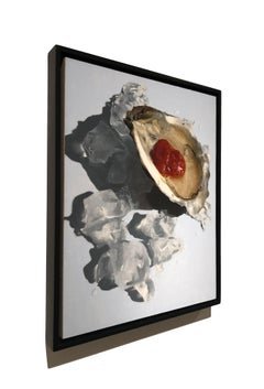 Photorealistic oyster painting, "Ice Ice Baby", blue red and brown