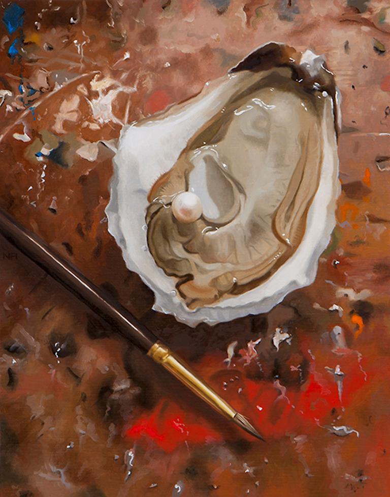Nadine Robbins Still-Life Painting - Small scale photorealist painting, "The Painted Oyster", red brown and beige 