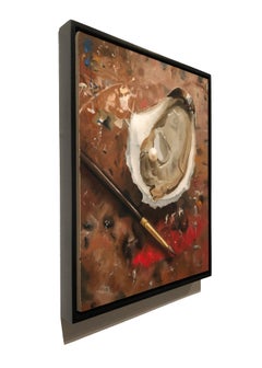 Small scale photorealist painting, "The Painted Oyster", red brown and beige