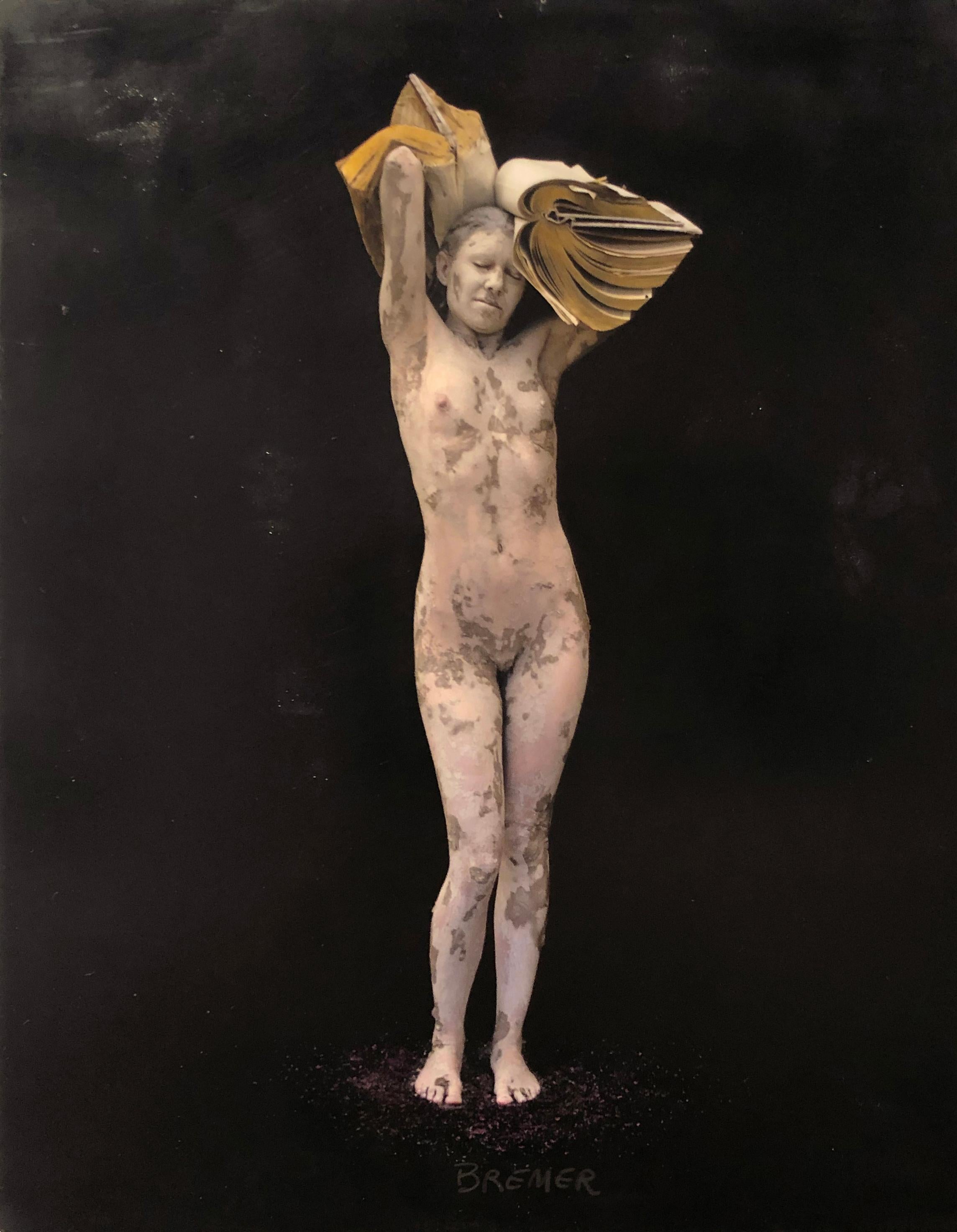 Charles Bremer Figurative Painting - Nude figure with black and purple, "Books of the Future II", encaustic on panel