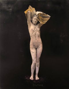 Nude figure with black and purple, "Books of the Future II", encaustic on panel