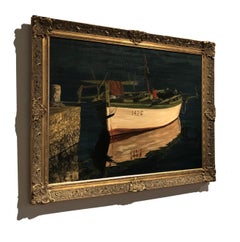 Realist boat painting, "She Waits For His Return", oil on canvas