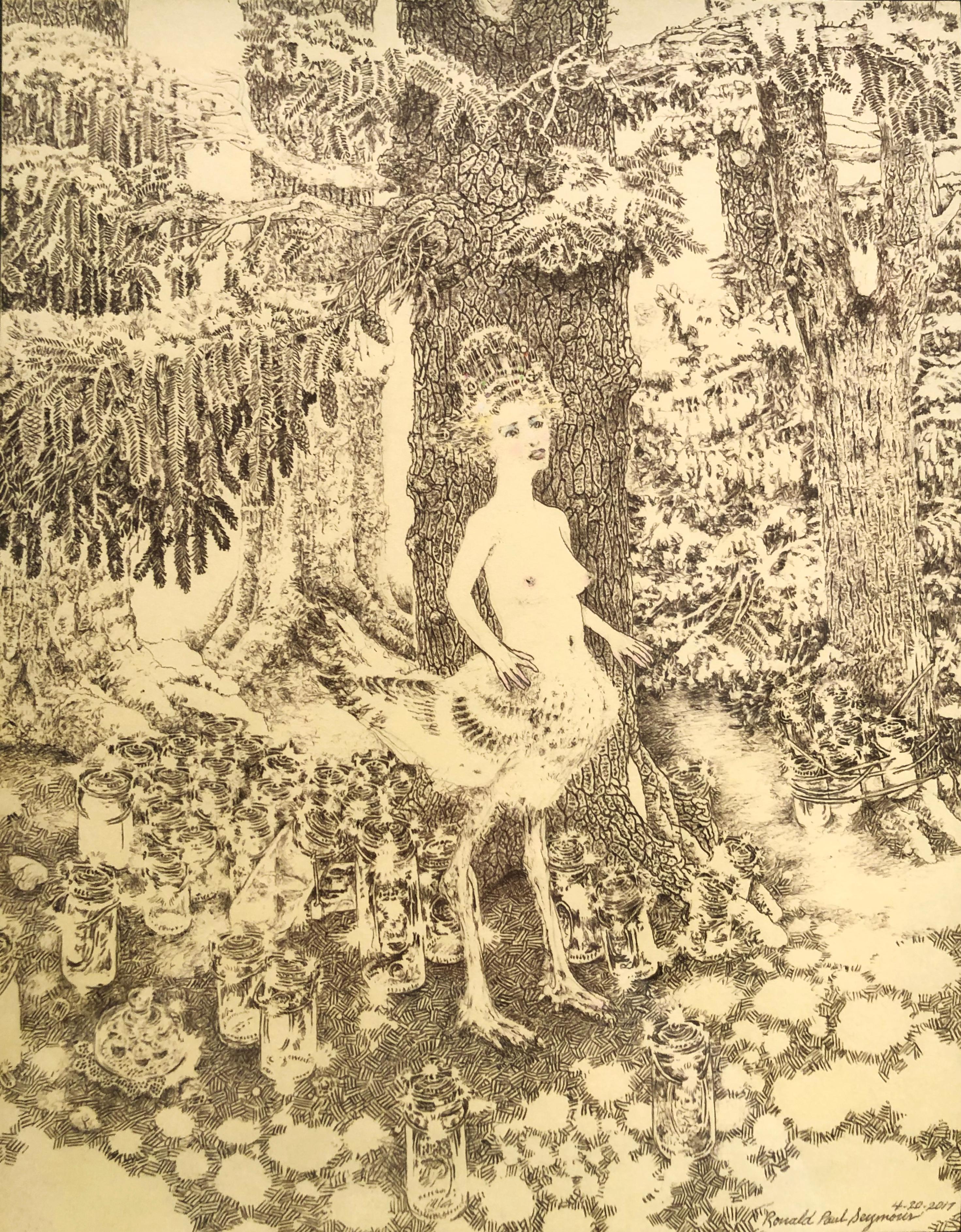 Ronald Seymour Figurative Art - Ballpoint on paper drawing, "Bird Girl Somewhere Deep in the Woods"