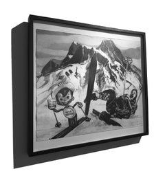 Black and White Pop Art Drawing, "Speedy Down Hill", graphite on paper