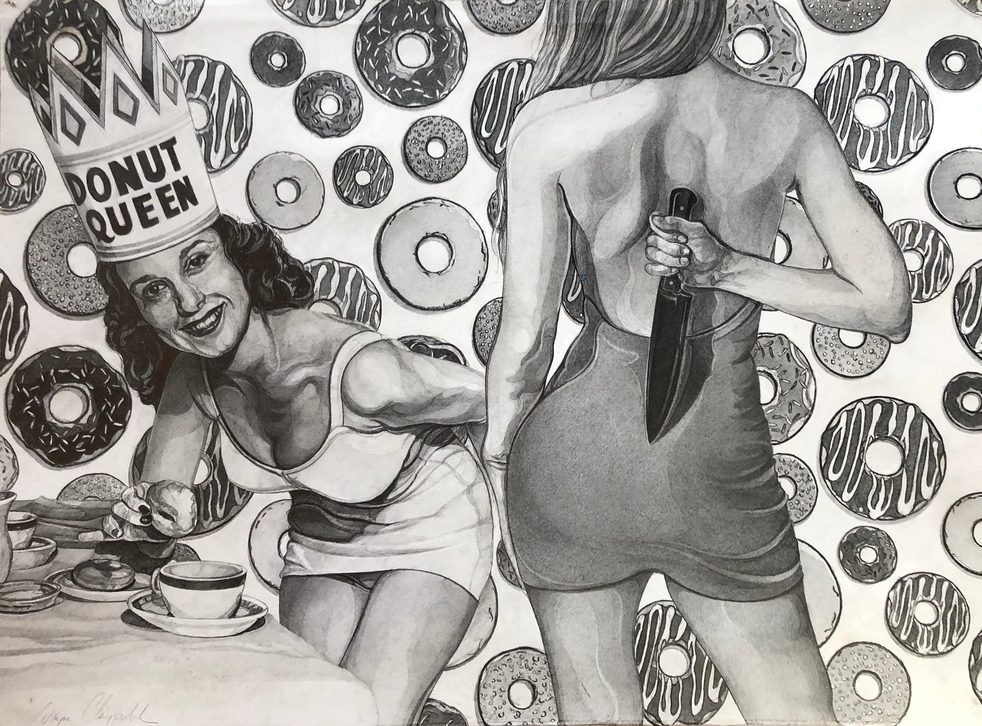 Wayne Claypatch Figurative Art - graphite on paper drawing, "The Death of the Donut Queen", Pop Art