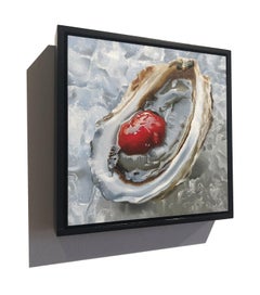 Small scale oyster Photorealist painting with blue, red, and brown, "Chill"