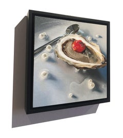 Small scale Photorealist oyster painting with blue, red, and brown, "Pearls"