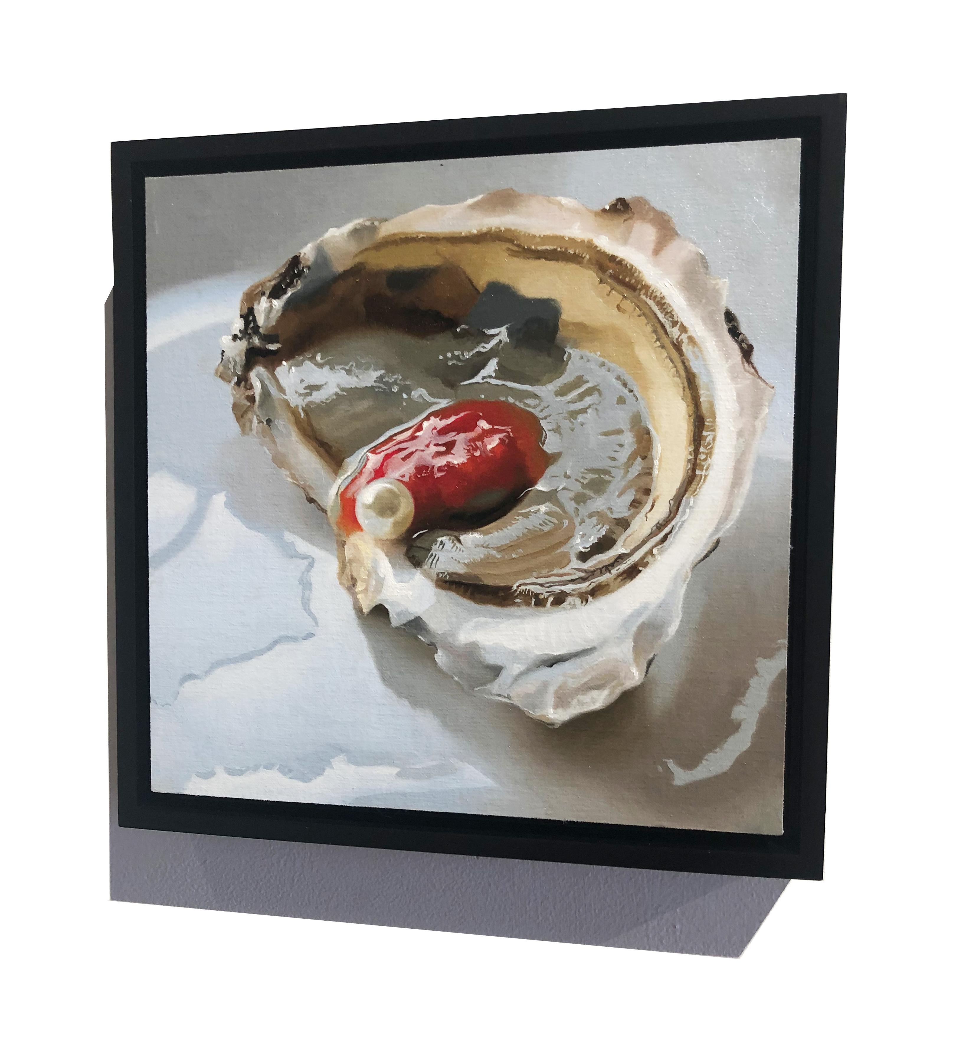 Small scale Photorealist oyster painting with red, brown, blue 