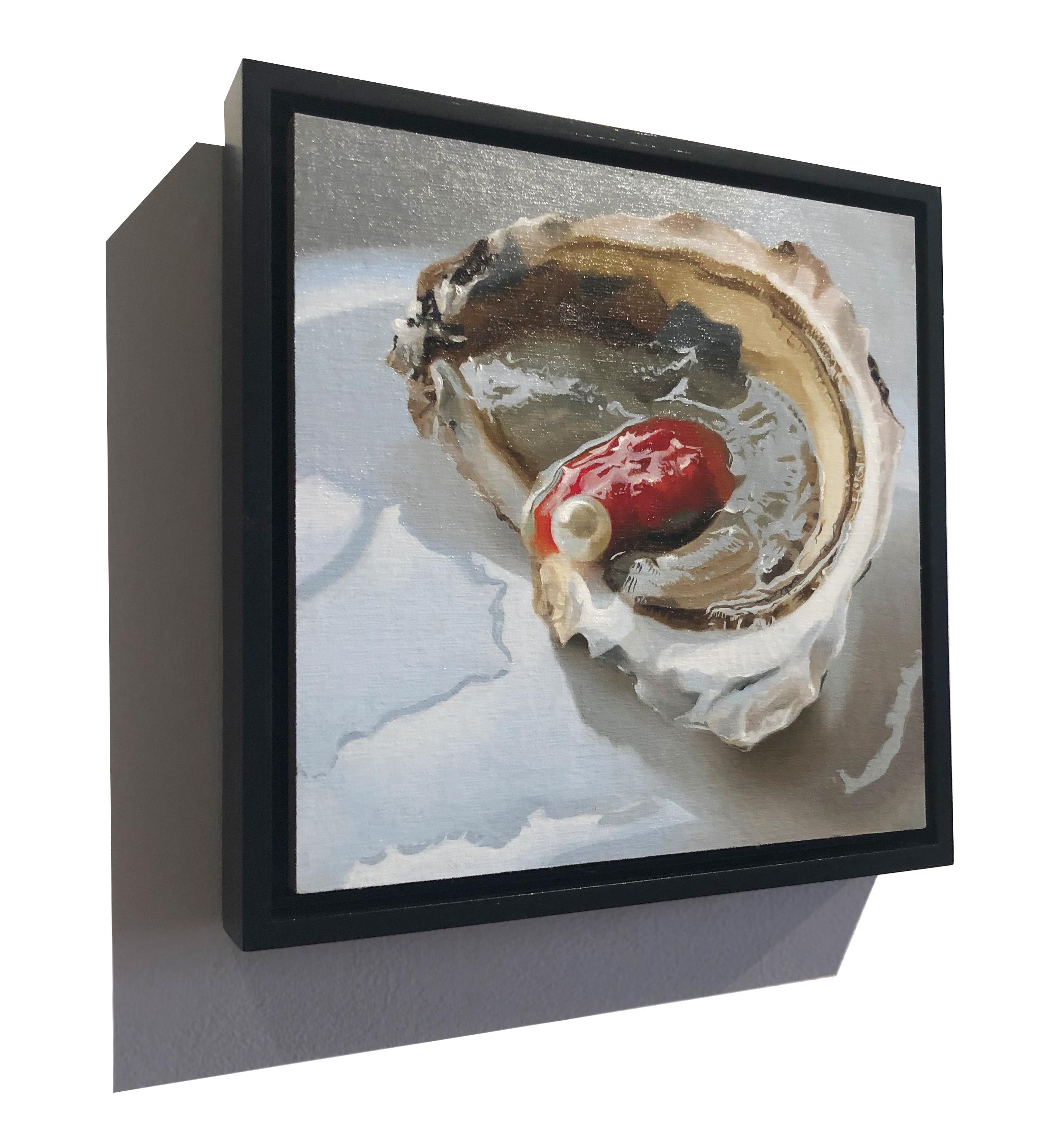 Small scale Photorealist oyster painting with red, brown, blue 