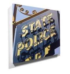 Photorealist sign with blue and yellow, "State Police" (Photorealism)