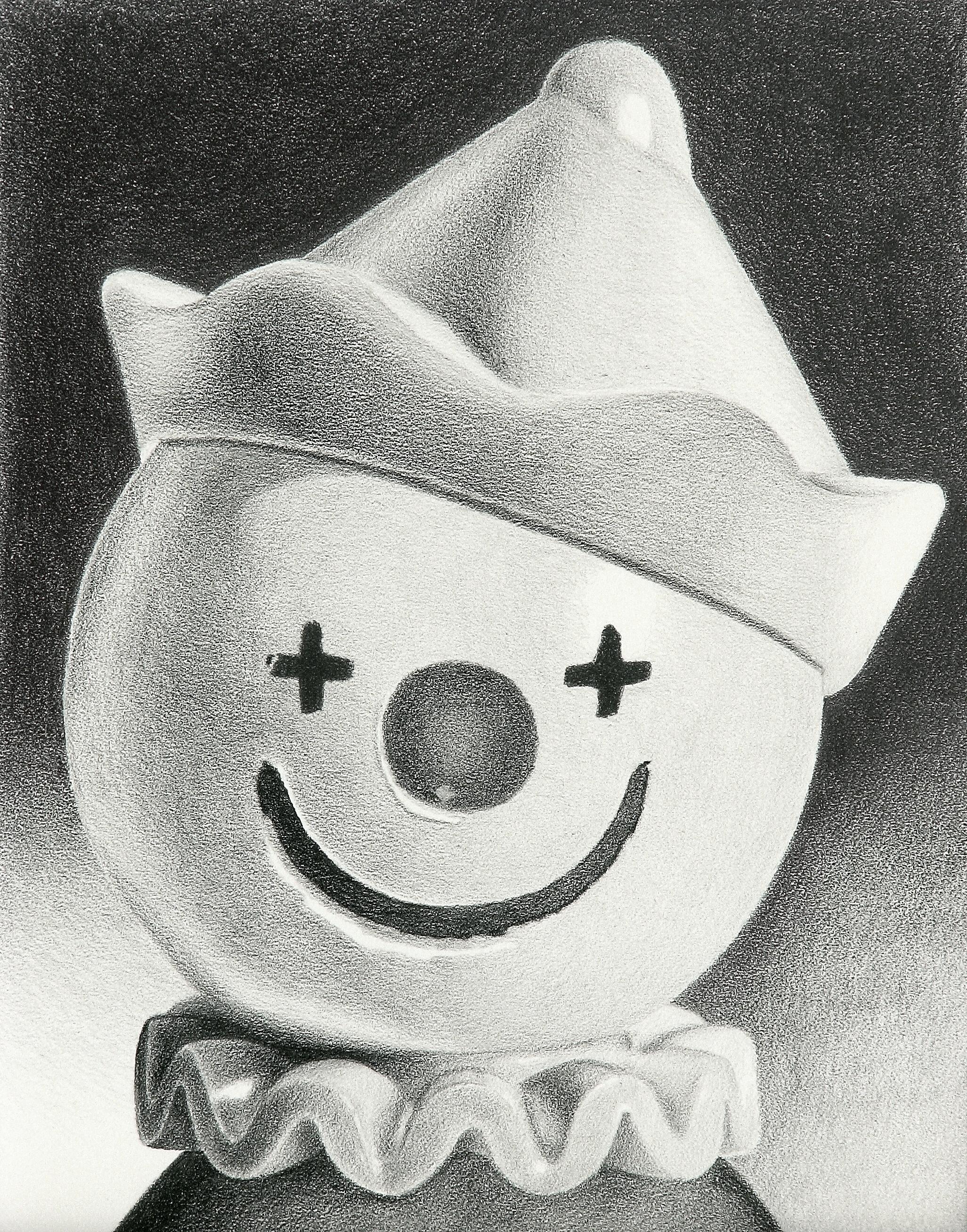 Photorealist graphite drawing, "Clown", Fisher Price Little People toys - Art by A.J. Fries