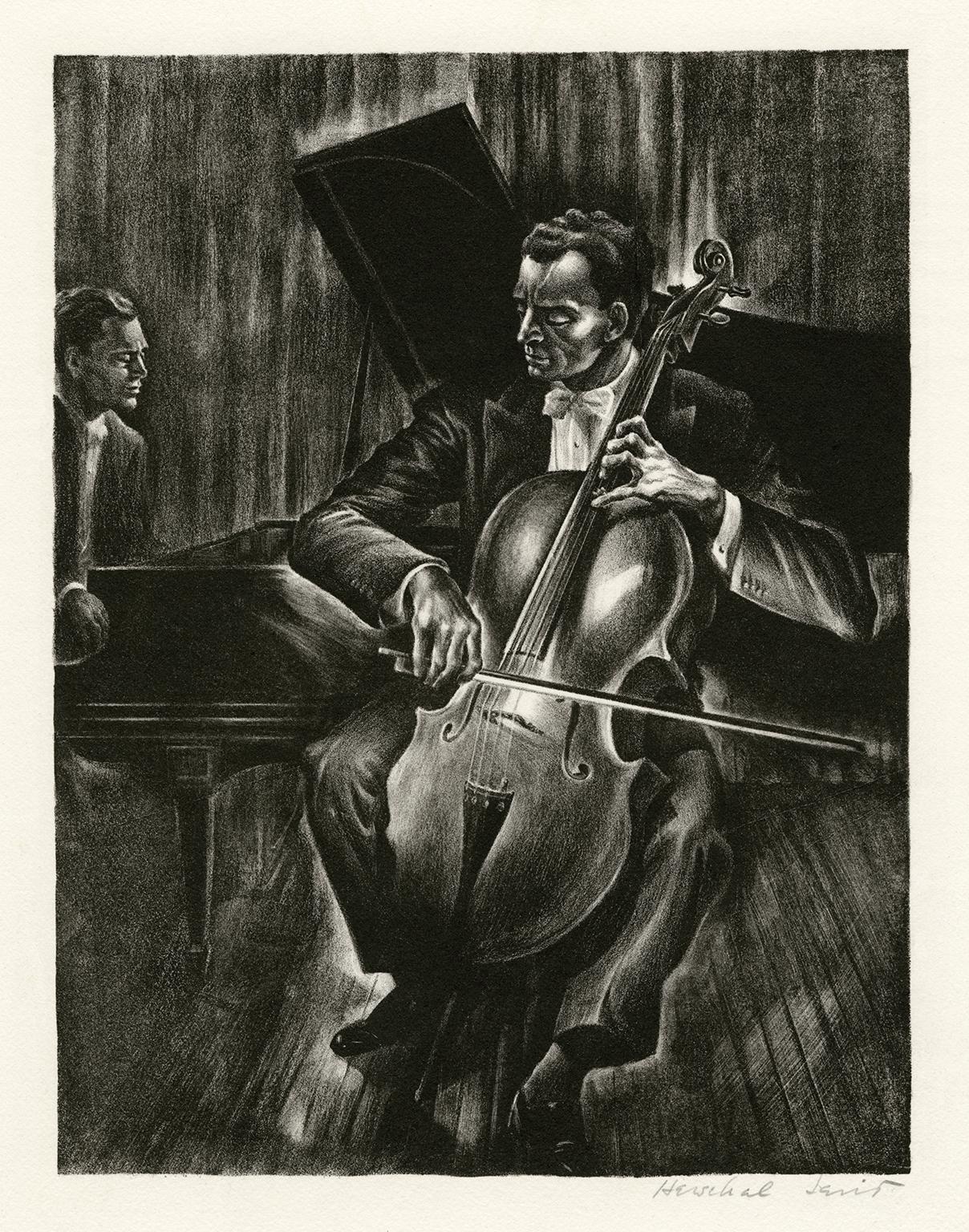 Herschel Levit Figurative Print - Duet — Cellist and Pianist, 1930s Lithograph