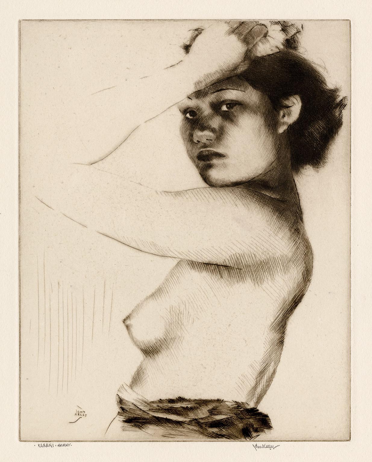 John Melville Kelly Nude Print – Kanani (Hawaii)- Polynesisches Porträt aus den 1940er Jahren