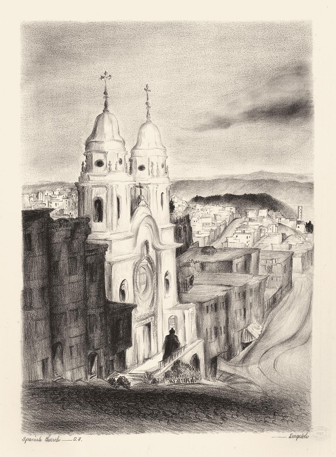 Marguerite Redman Dorgeloh Figurative Print – Spanische Kirche in Spanisch:: San Francisco