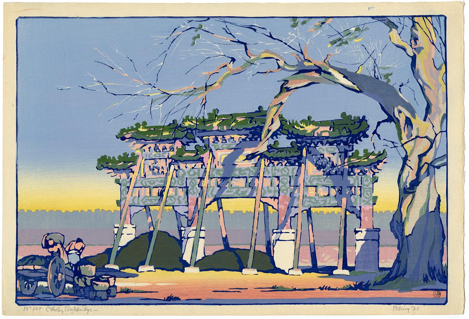 Landscape Print Cyrus Le Roy Baldridge - Pékin - Porte de Paifang" - Gravure sur bois en couleur de Watanabe datant du milieu du siècle dernier