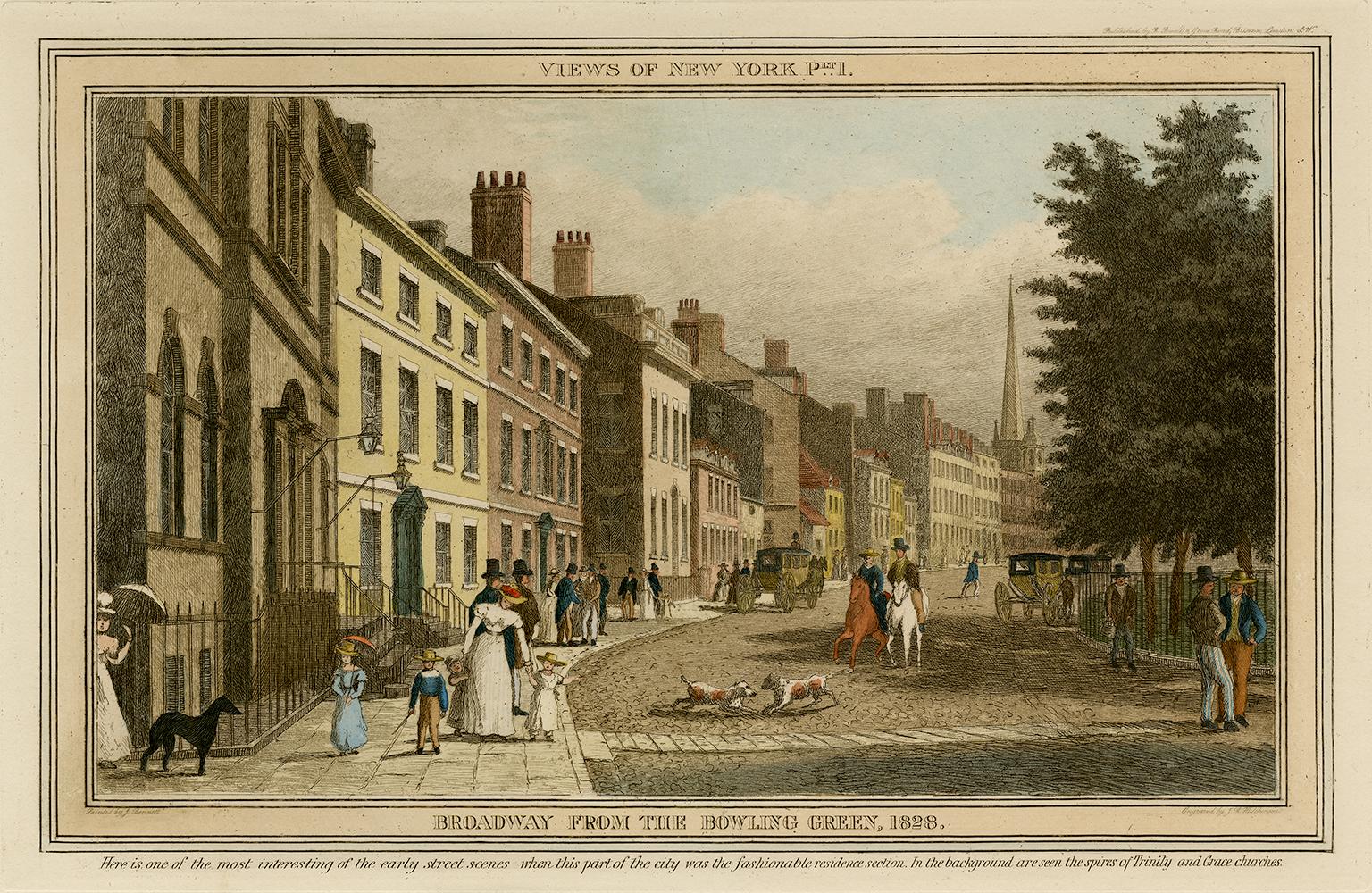 J. R. Hutchinson Figurative Print - Broadway from the Bowling Green, 1828   — early New York City, hand-coloring