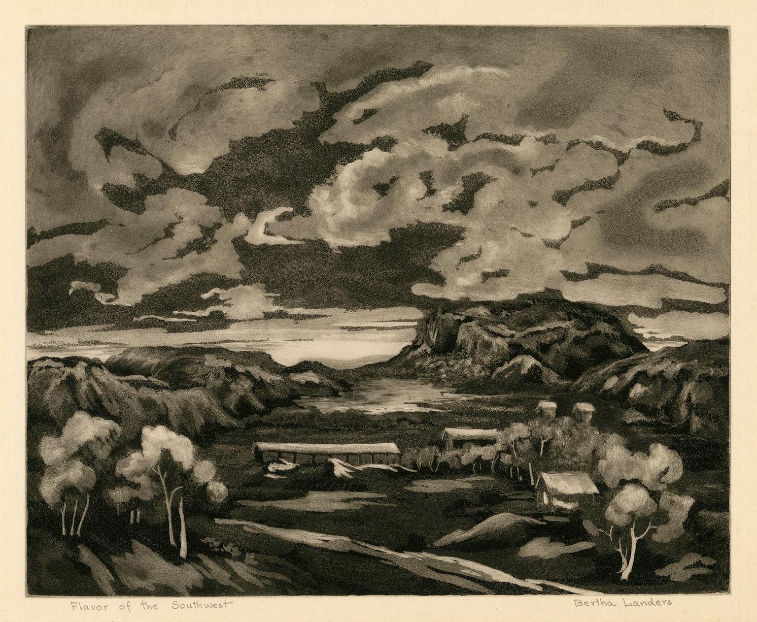 Bertha Landers Landscape Print - 'Flavor of the Southwest'  — 1930s Texas Regionalism