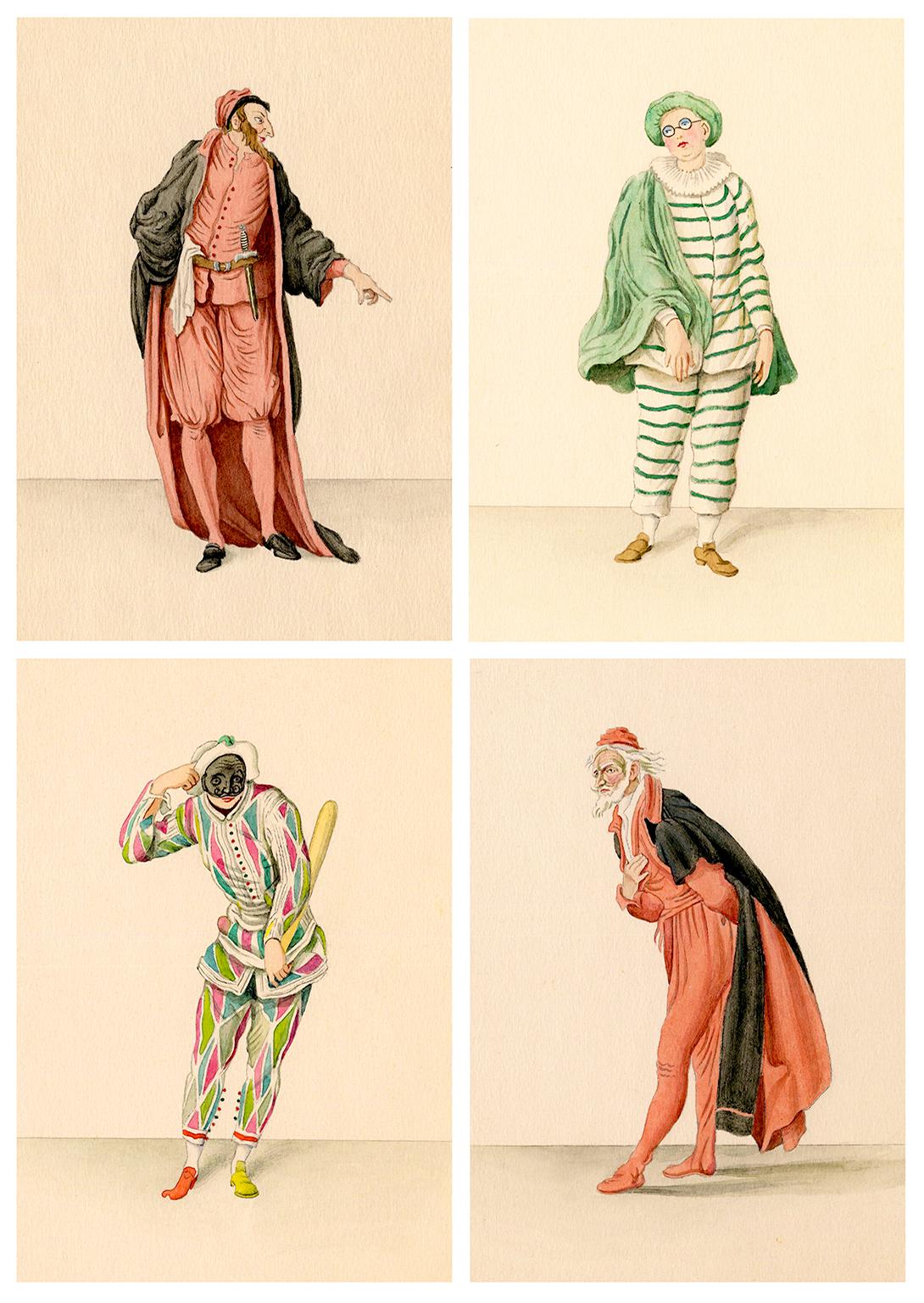 Figurative Art di Unknown - Commedia dell'arte - Quattro studi di personaggi ad acquerello, anni '20