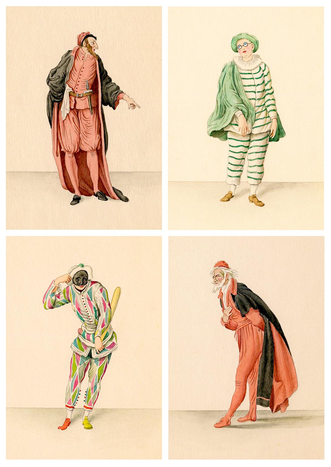 Quatre études de caractères de la Commedia dell'arte à l'aquarelle, années 1920