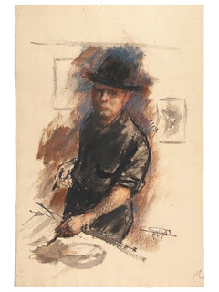 Vintage 'Self-Portrait with Black Hat' — 1940s American Impressionism