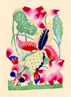 Poissons et fleurs sous-marines 2 - Art populaire de Hopei, papier découpé aquarelle chinois des années 1950