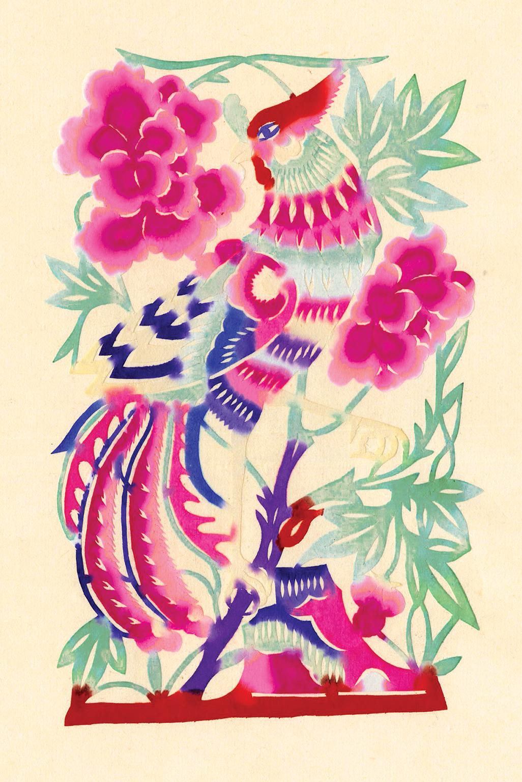 Animal Art Unknown - Oiseaux et fleurs 1 - Art populaire de Hopei, papier découpé et aquarelle de Chine du milieu du siècle