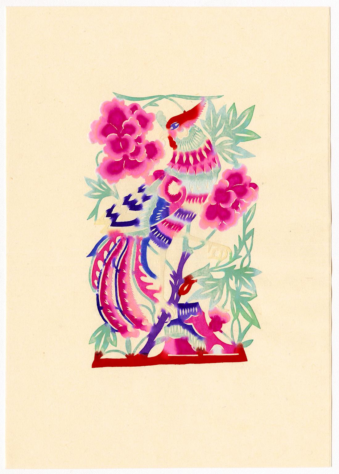 Oiseaux et fleurs 1 - Art populaire de Hopei, papier découpé et aquarelle de Chine du milieu du siècle - Blanc Animal Art par Unknown