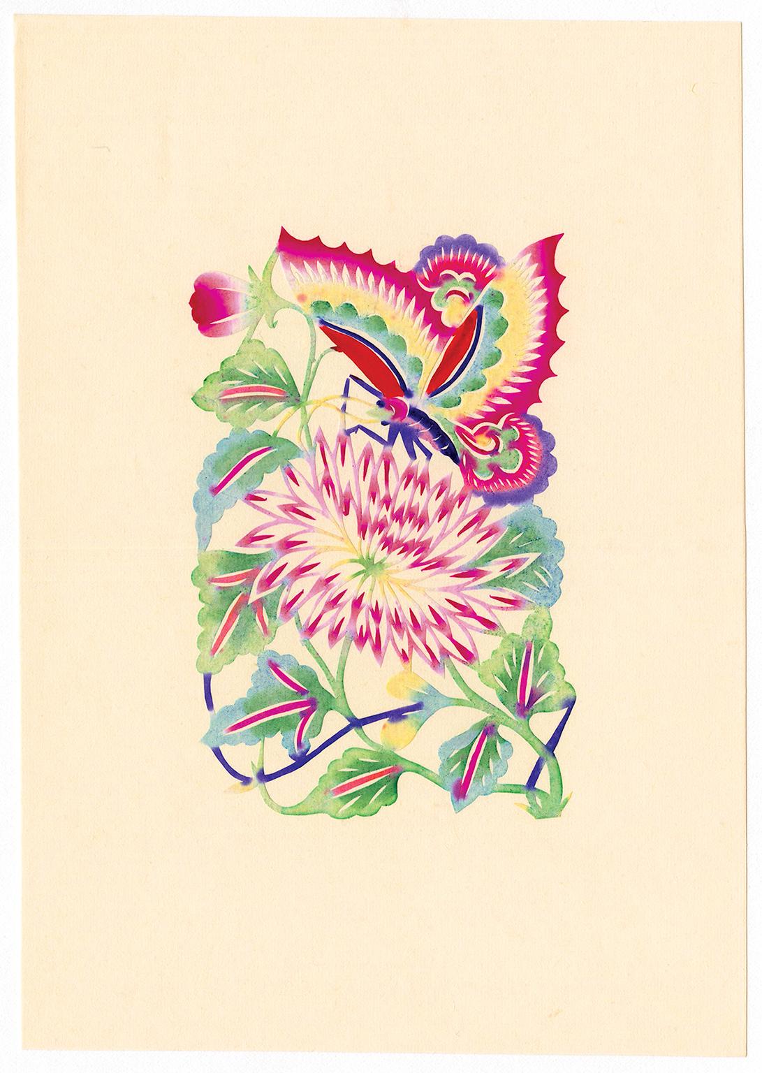 Schmetterling & Blumen 2 - Hopei Volkskunst, Mitte des Jahrhunderts Chinese Cut Paper Aquarell – Art von Unknown