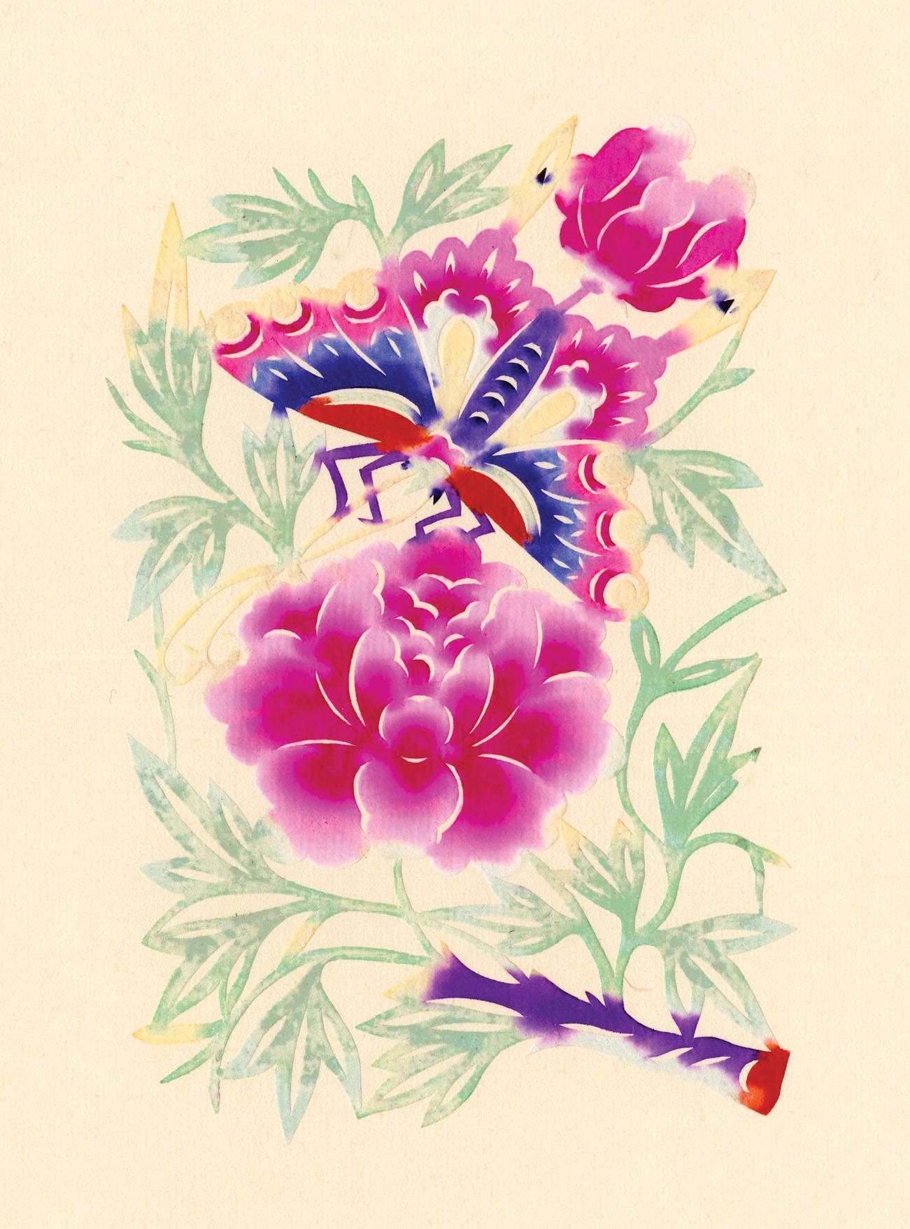 Schmetterling & Blumen 1 - Hopei Volkskunst, Mitte des Jahrhunderts Chinese Cut Paper Aquarell – Art von Unknown
