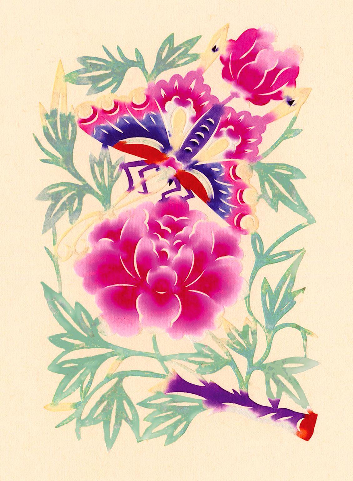 Papillon et fleurs 1 - Art populaire de Hopei, aquarelle chinoise du milieu du siècle en papier découpé