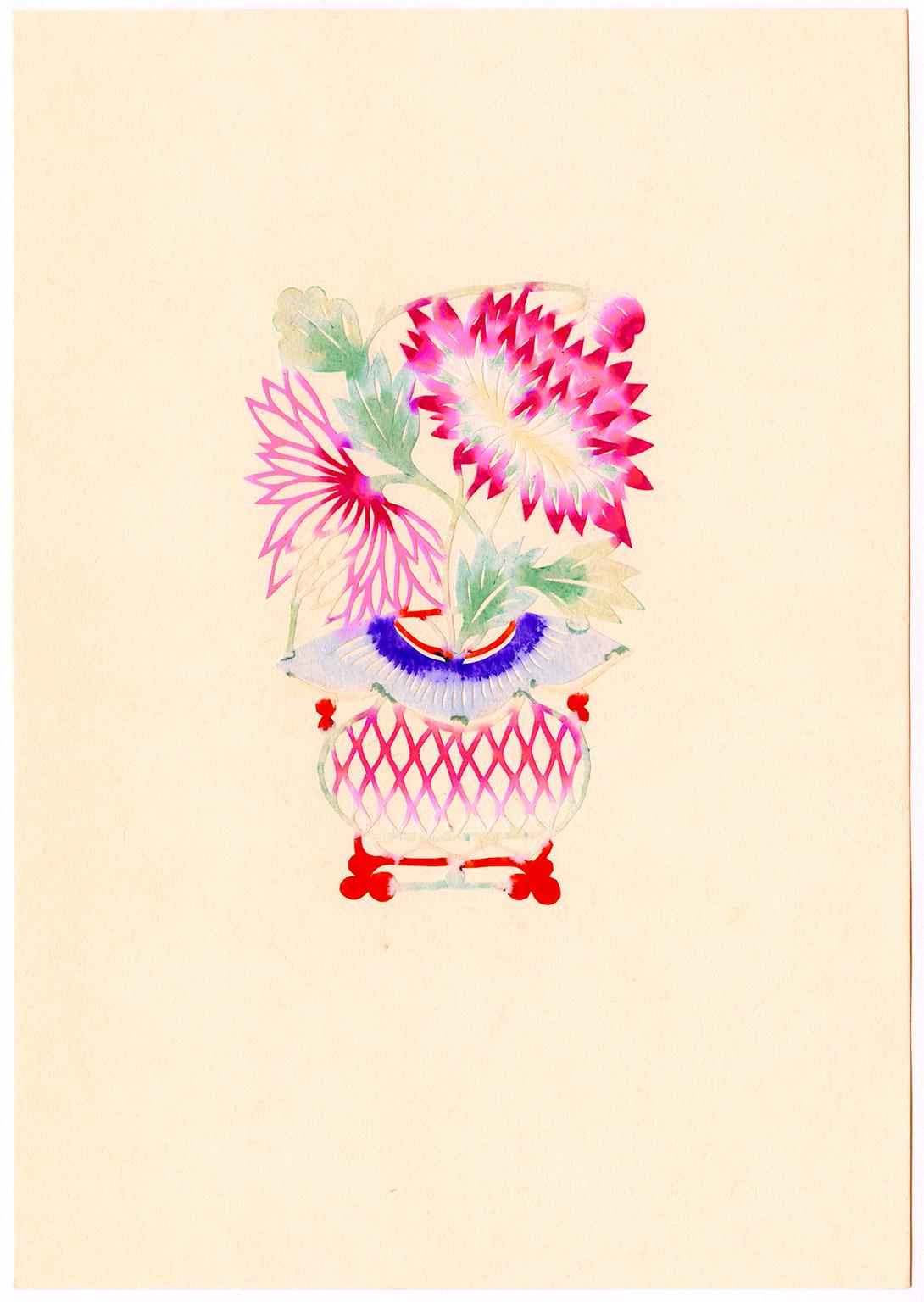Blumen 2 - Hopei-Volkskunst, chinesisches Schnittpapier und Aquarell aus der Mitte des Jahrhunderts – Art von Unknown