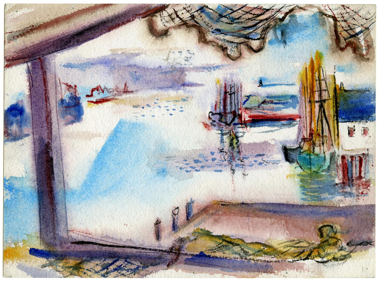 Nathaniel Dirk Landscape Art - 'Cape Ann Harbor View' — Mid-Century Modernist Watercolor