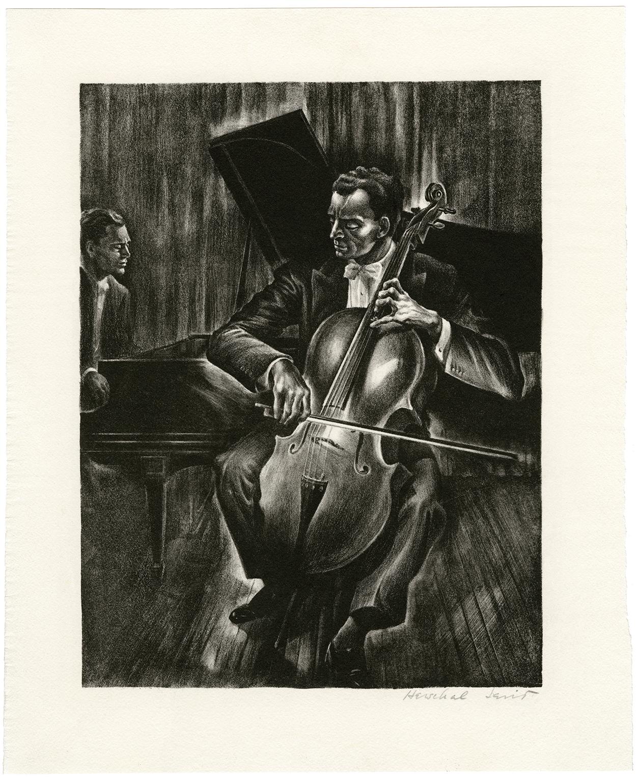 Duet — Cellist and Pianist, 1930s Lithograph - Print by Herschel Levit