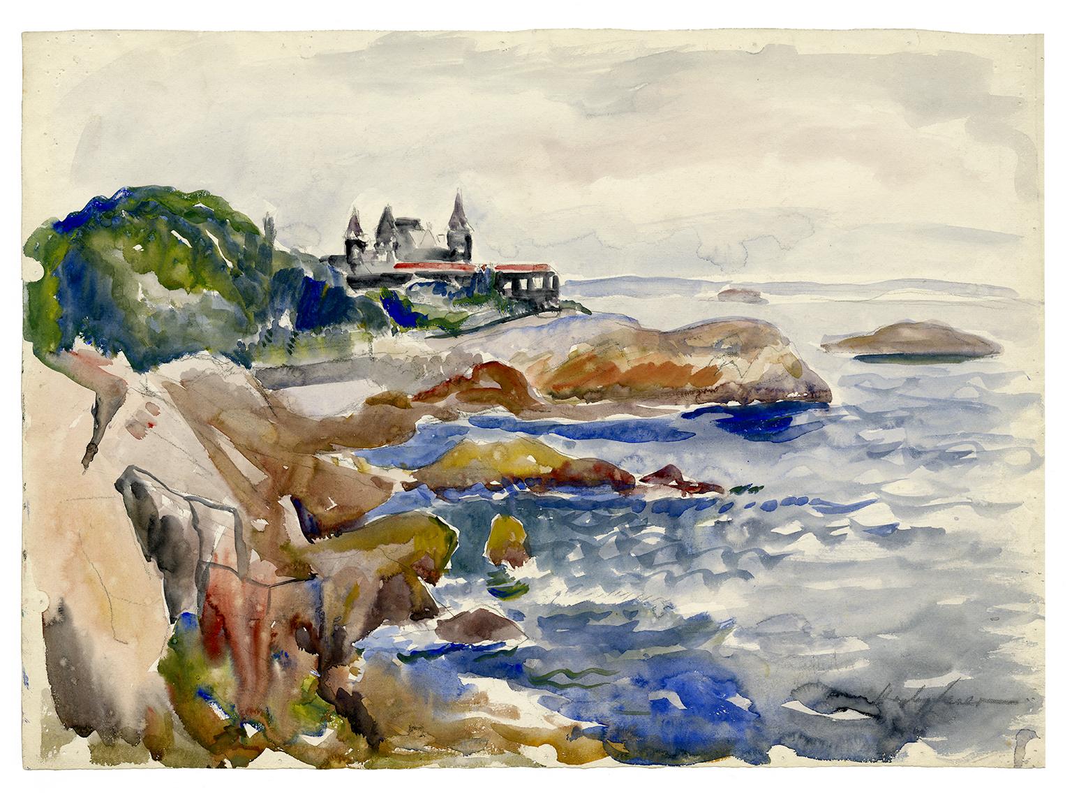 Corinthian Yacht Club, Marblehead, Mass' - Impressionnisme de la Nouvelle-Angleterre des années 1920 - Art de Hayley Lever